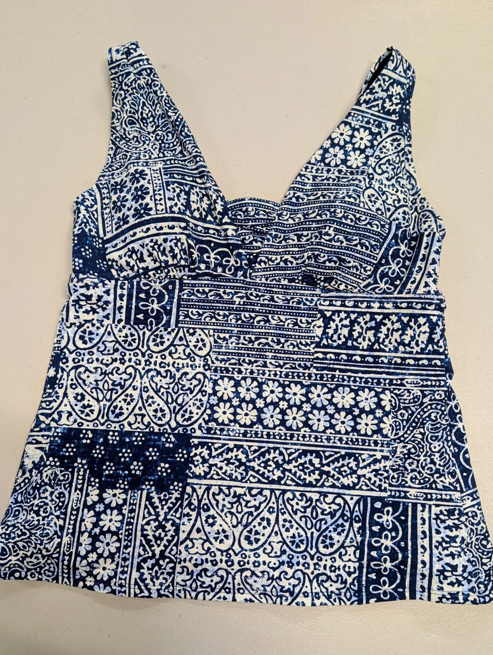 Lands' End Blue and White Printed V-Neck Swim Top